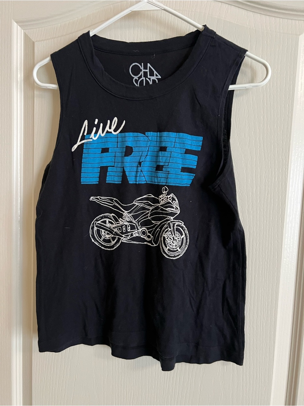 Chaser Black Tank with Blue "FREE" and White Motorcycle Graphic